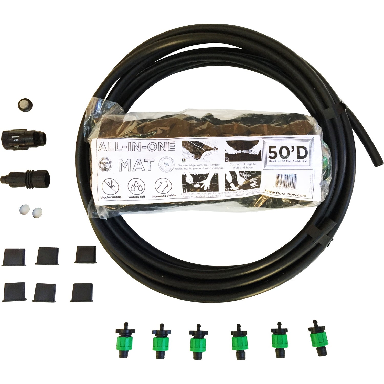 standard dual-line black all-in-one mat kit combines drip irrigation and plastic mulch.