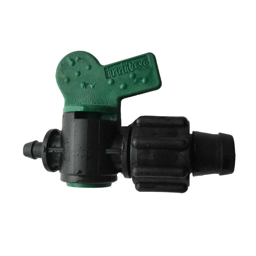 Drip irrigation fitting with valve connect drip tape to tubing-open position